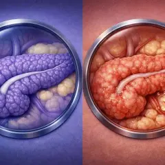 Pancréas sain (violet) vs. pancréas enflammé (rouge). Une prise de sang pour la lipase peut aider à diagnostiquer une pancréatite.