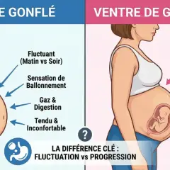 Comparaison entre un ventre gonflé (fluctuant, ballonnement, gaz) et un ventre de grossesse (progressif, utérus & bébé).