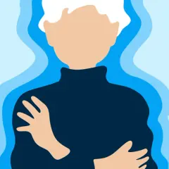 Person se serre les bras, le corps entouré d'ondes bleues, évoquant une sensation de froid soudaine.