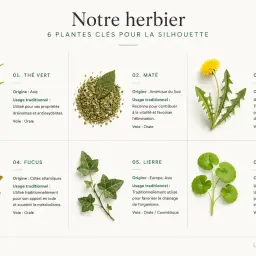 Plantes pour la silhouette : thé vert, maté, pissenlit, fucus, lierre, centella. La phytothérapie pour maigrir utilise ces plantes aux vertus drainantes et métaboliques.