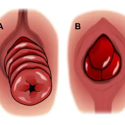 Illustration A montre un prolapsus rectal en plusieurs couches, tandis que B illustre un prolapsus d'organe chez l'homme.
