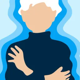 Person se serre les bras, le corps entouré d'ondes bleues, évoquant une sensation de froid soudaine.