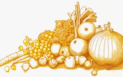 Illustration d'un assortiment de légumes et fruits, dont des oignons, carottes et raisins. Un remède naturel contre les démangeaisons.