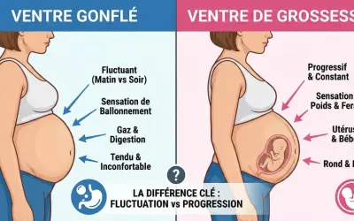 Comparaison entre un ventre gonflé (fluctuant, ballonnement, gaz) et un ventre de grossesse (progressif, utérus & bébé).