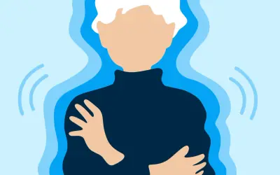 Person se serre les bras, le corps entouré d'ondes bleues, évoquant une sensation de froid soudaine.