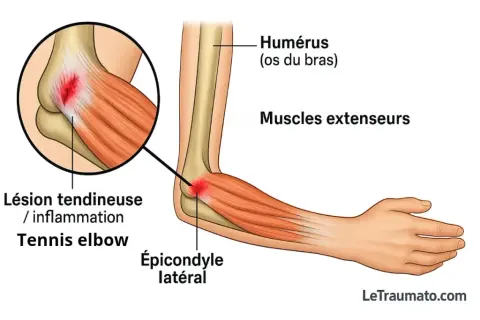 Illustration d'une douleur au coude, montrant une inflammation du tennis elbow sur l'épicondyle latéral, affectant les muscles extenseurs.