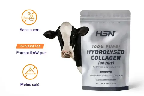 Un sachet de collagène bovin HSN, sans sucre ni sel ajouté, avec une vache en arrière-plan.