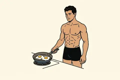 Un homme musclé prépare des œufs au plat. Combien d'oeuf par jour pour un tel physique ?