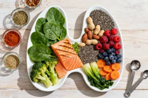 Assiette en forme de poumons avec saumon, épinards, brocolis, fruits rouges, graines de chia, noix et carottes. Une alimentation saine pour le Hashimoto, en évitant certains aliments interdits.