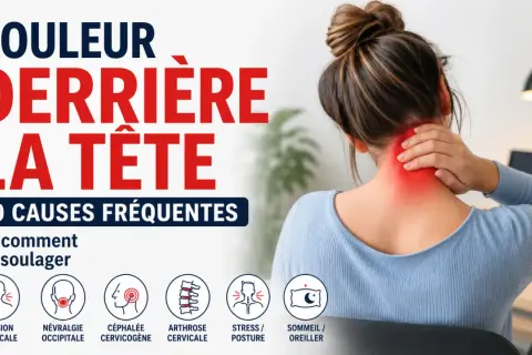 Une femme se tient la nuque, souffrant de mal derrière la tête. L'image liste 10 causes fréquentes de ce mal.