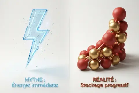 Mythe : énergie immédiate, réalité : stockage progressif. La vitamine B12 n'a pas d'effet immédiat, mais un stockage progressif.