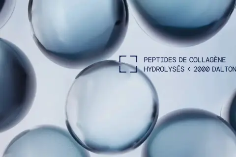 Des sphères bleutées et translucides, évoquant la pureté. Un texte indique : "Peptides de collagène hydrolysés < 2000 Daltons", expliquant c'est quoi le collagène.