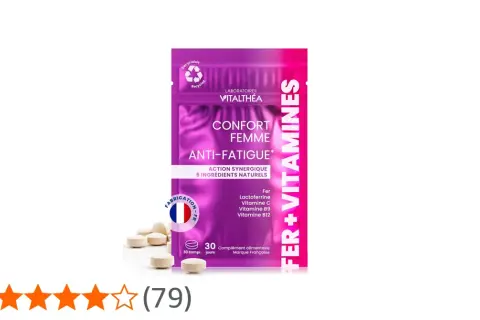 Complément alimentaire "Confort Femme Anti-Fatigue" de Vitalthéa. Idéal pour savoir quelle vitamine quand on a toujours froid, il contient du fer et des vitamines.