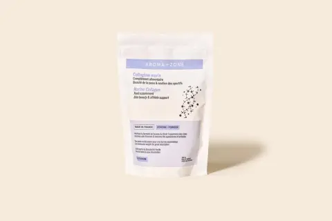 Sachet de collagène marin Aroma-Zone, un complément alimentaire pour la peau et les sportifs. Avis médical : améliore fermeté et réduit rides.