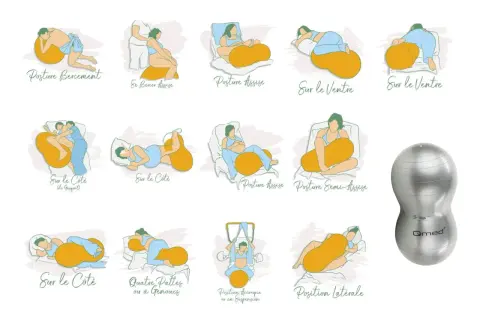 Diverses positions pour aider bébé à descendre dans le bassin, incluant des exercices sur ballon.