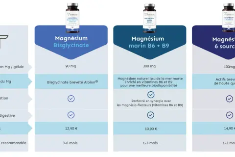 Comparatif des magnésiums : le bisglycinate Albion® est breveté, le marin B6+B9 est enrichi pour une meilleure biodisponibilité, et le 6 sources utilise des actifs de haute qualité. Quel magnésium est le plus efficace ?