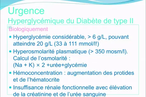 Urgence hyperglycémique : glycémie 3g que faire ? Hyperglycémie > 6 g/L, hyperosmolarité, hémoconcentration, insuffisance rénale.