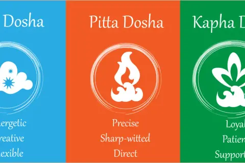 Vata, Pitta, Kapha : trois doshas ayurvédiques représentés par des symboles (nuage, feu, fleur) et des qualités (énergique, précis, loyal).