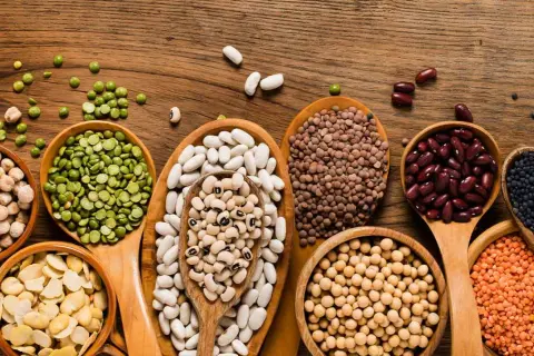 Assortiment de légumineuses : pois cassés, haricots blancs, lentilles, pois chiches, haricots rouges, soja, etc. pour savoir où trouver des protéines végétales.