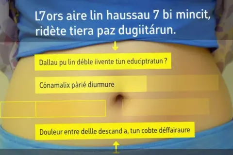 Vue rapprochée de l'anatomie du ventre d'une femme, avec des zones jaunes indiquant des symptômes ou des questions.