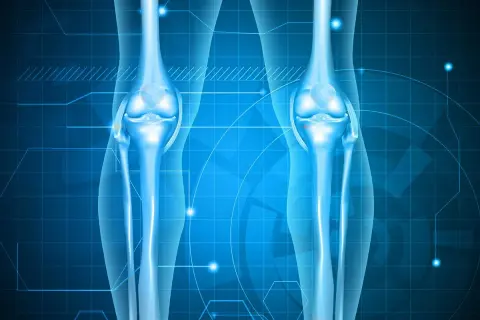 Anatomie des genoux bleus lumineux sur fond technologique. Aide à visualiser la douleur hanche et genou marche.