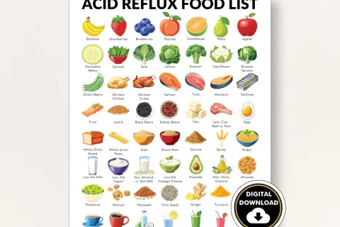 Liste d'aliments pour l'alimentation anti acide : fruits, légumes, viandes maigres, poissons, céréales complètes, produits laitiers faibles en gras, noix et boissons.