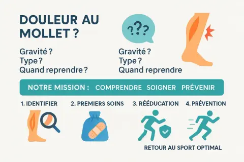 Schéma sur la douleur au mollet : identifier, premiers soins, rééducation, prévention. Notre mission : comprendre, soigner, prévenir.