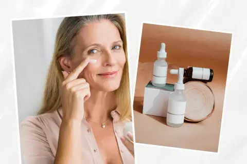 Une femme applique une crème, un geste pour une peau éclatante. À côté, des flacons de sérum, peut-être riches en vitamine A pour la peau.