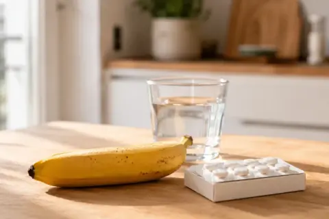 Une banane, un verre d'eau et une plaquette d'anticoagulant sur une table en bois.