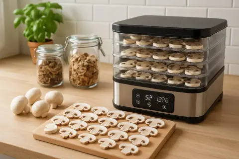 Champignons tranchés dans un déshydrateur, prêts à être séchés. Une astuce pour savoir comment se réhydrater : ajoutez-les à vos plats.