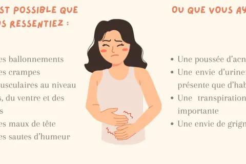 Femme souffrant de douleurs règles insupportables, ballonnements, crampes, maux de tête et sautes d'humeur.
