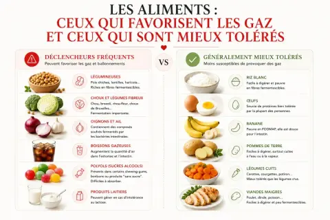 Liste aliments anti-ballonnements : légumineuses, choux, oignons, ail, boissons gazeuses, polyols, produits laitiers sont à éviter. Riz blanc, œufs, banane, pommes de terre, légumes cuits, viandes maigres sont mieux tolérés.