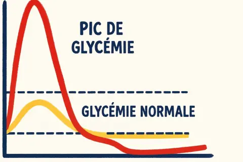 Graphique montrant un pic de glycémie élevé, bien au-dessus de la glycémie normale, illustrant un problème de régulation du sucre.