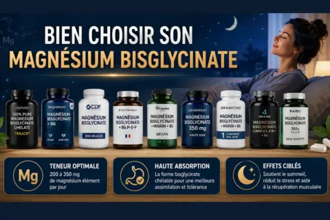 Choix de magnésium bisglycinate : une femme détendue, plusieurs marques de compléments, et les bienfaits pour le sommeil et le stress.