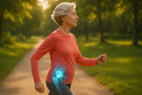 Femme âgée marchant dans un parc, une visualisation de la douleur fessier course à pied sur sa hanche.