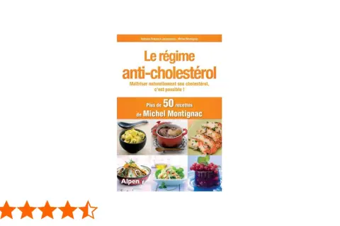 Livre "Le régime anti-cholestérol" de Michel Montignac, proposant plus de 50 recettes pour maîtriser son cholestérol naturellement. Des plats appétissants illustrent ce régime.