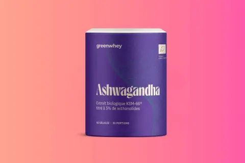 Flacon d'Ashwagandha Greenwhey. La question "ashwagandha interdit en France pourquoi" suscite des débats sur sa réglementation.