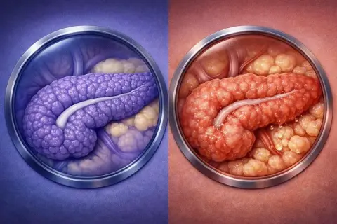 Pancréas sain (violet) vs. pancréas enflammé (rouge). Une prise de sang pour la lipase peut aider à diagnostiquer une pancréatite.
