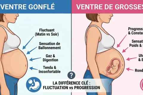 Comparaison entre un ventre gonflé (fluctuant, ballonnement, gaz) et un ventre de grossesse (progressif, utérus & bébé).