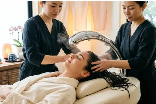 Une femme détendue reçoit un massage cuir chevelu à la vapeur dans un spa, avec deux praticiennes prodiguant des soins.