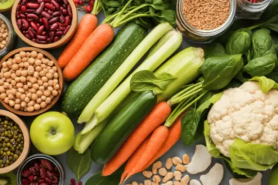 Assortiment de fruits et légumes frais, incluant des haricots rouges fodmap, kiwis, carottes, courgettes, pommes, chou-fleur et épinards.
