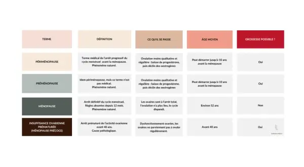 Tableau comparatif des étapes de la ménopause : périménopause, préménopause, ménopause et ménopause précoce, indiquant à quel âge ces phases peuvent survenir.