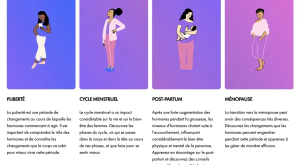 Quatre illustrations de femmes à différentes étapes de la vie : puberté, cycle menstruel, post-partum, ménopause. Comprendre ces périodes aide à mieux vivre, tout comme savoir c'est quoi le périnée.