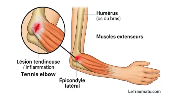 Illustration d'une douleur au coude, montrant une inflammation du tennis elbow sur l'épicondyle latéral, affectant les muscles extenseurs.