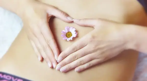 Mains formant un cœur sur un ventre, avec une petite fleur. Pensée à la diverticulite alimentation à éviter pour un ventre apaisé.