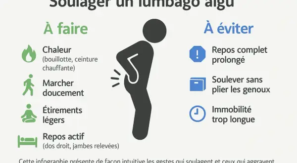 Soulager un lumbago aigu : chaleur, marche douce, étirements légers, repos actif. Éviter repos prolongé, soulever sans plier les genoux, immobilité.
