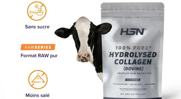 Un sachet de collagène bovin HSN, sans sucre ni sel ajouté, avec une vache en arrière-plan.