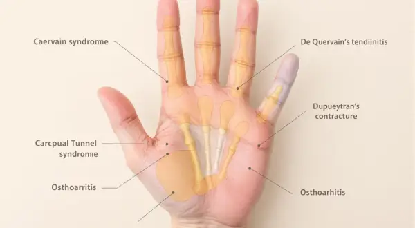 Anatomie de la main droite montrant les causes de douleur : syndrome de De Quervain, contracture de Dupuytren, syndrome du canal carpien, arthrose.