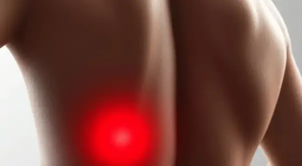 Gros plan sur le dos d'une personne, avec une zone rouge vif indiquant une douleur au dos gauche.