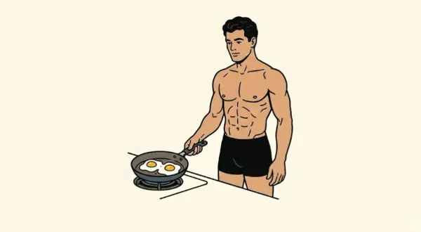 Un homme musclé prépare des œufs au plat. Combien d'oeuf par jour pour un tel physique ?